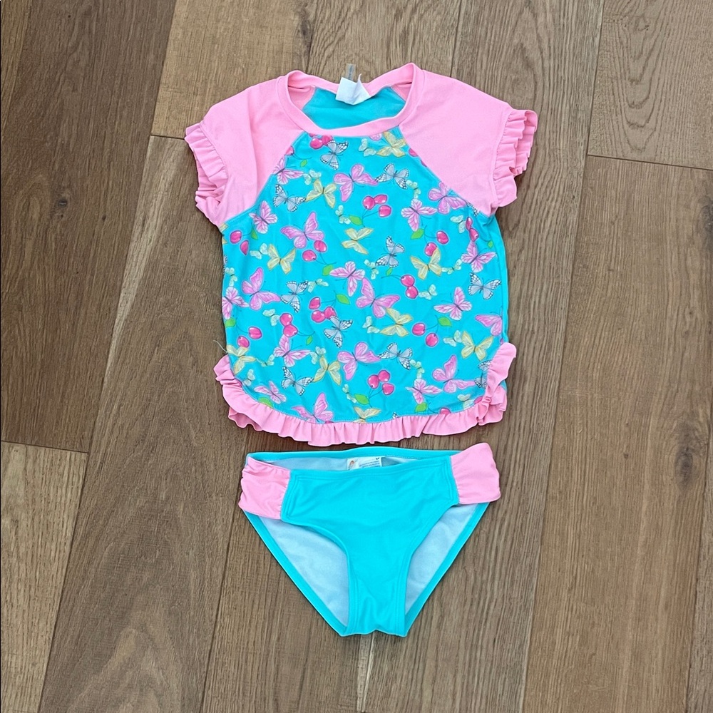 Butterfly Print Kids Rashguard Set - Pink & Blue